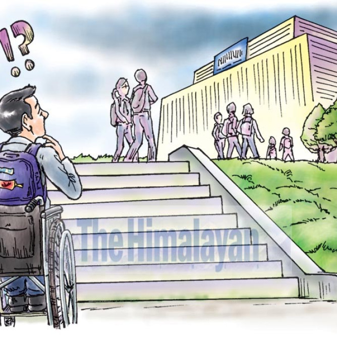 a boy on a wheelchair tying to get to school as he sees the steps in front of him that confuse him how will he get to schoolnow?